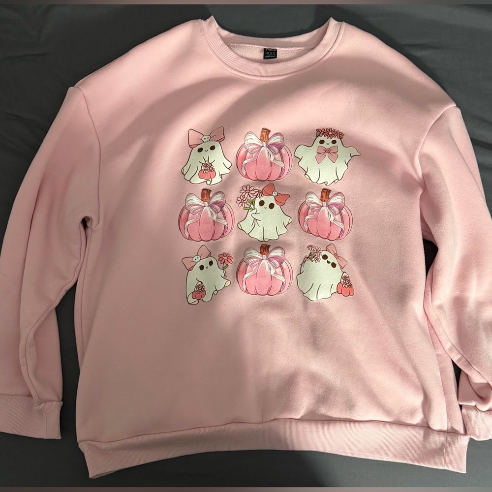 SHEIN Pink Ghost and Pumpkin Print Sweater